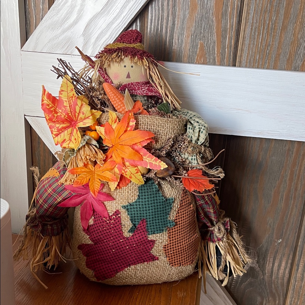 Autumn Scarecrow Burlap Decor with Colorful Leaves